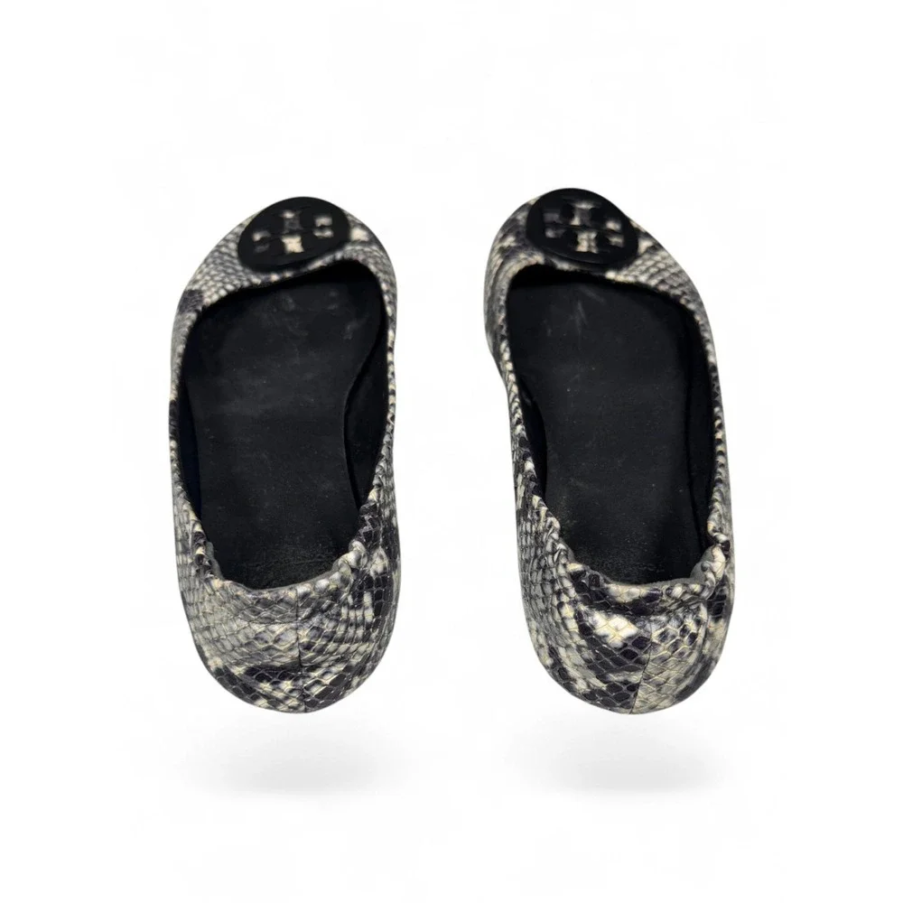 Tory Burch Reva Snakeskin Embossed Leather Ballet Flats Grey Black Logo Flat